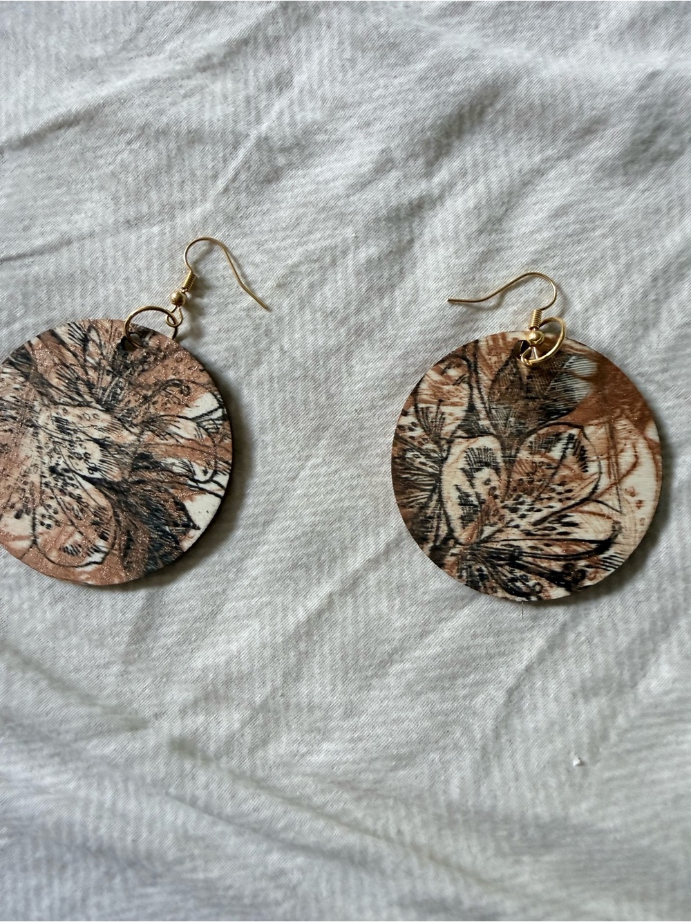 Hand-Painted Floral Round Drop Earrings - Brown & Black